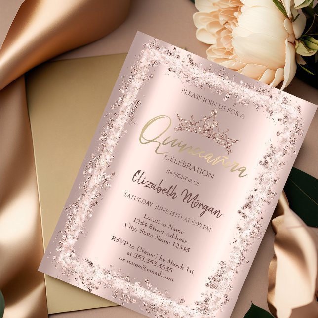 Invitation Rose Chic  Gold Parties scintillant Cadre Couronne (Créateur téléchargé)