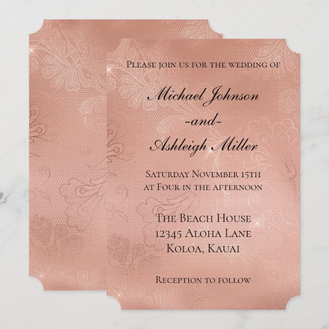 Invitation Rose chic Mariage en dentelle or (Devant / Derrière)