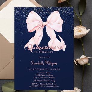 Invitation Rose Chic Nœud Papillons Bleu Marine Quinceañera