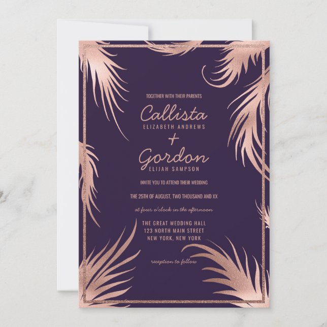 Invitation Rose Chic Parties scintillant feuille or Plum Mari (Devant)