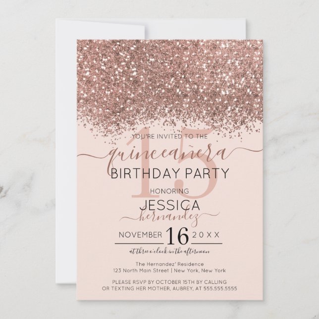 Invitation Rose Chic Parties scintillant rose or Confetti Qui (Devant)