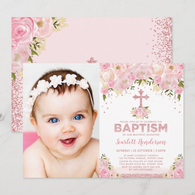 Invitation Rose Chic Parties scintillant rose or floral Baptê (Devant / Derrière)