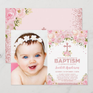 Invitation Rose Chic Parties scintillant rose or floral Baptê