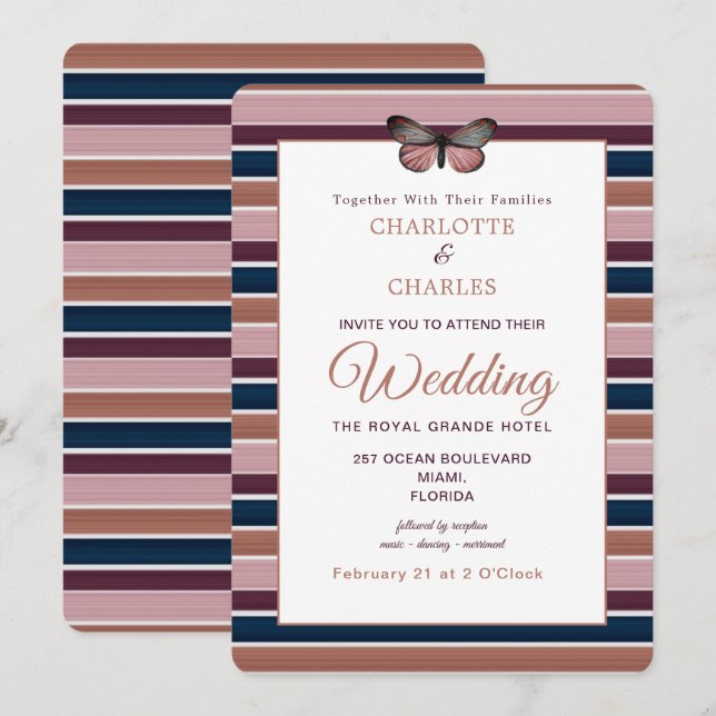 Invitation Rose classique Gold Navy Plum Stripe Motif (Devant / Derrière)
