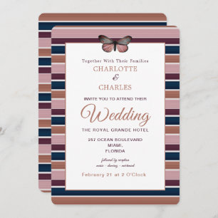 Invitation Rose classique Gold Navy Plum Stripe Motif