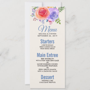 Invitation Rose coloré Aquarelle Floral Mariage Menu