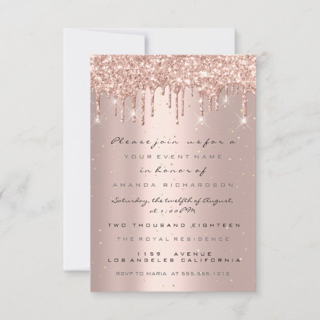 Invitation Rose Confetti Mariage Douce 16e Paillettes Gouttes (Devant)