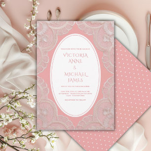 Invitation Rose Corail Dentelle Fantaisiste Mariage Vintage