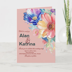 Invitation Rose Corail Foncé Floral Pliée de Mariage