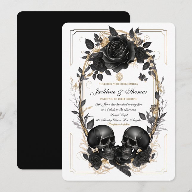 Invitation Rose crâne noir blanc or Mariage gothique (Devant / Derrière)