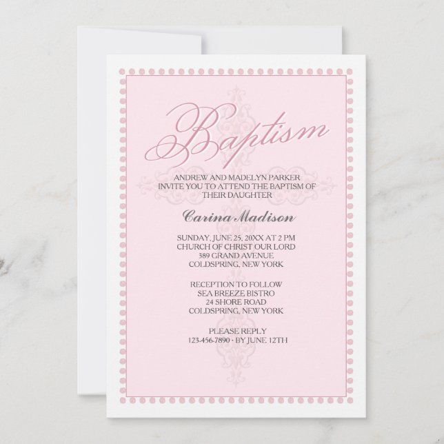 Invitation rose croisée de baptême (Devant)
