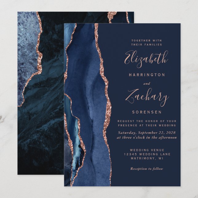Invitation Rose d'âge bleu marine moderne Mariage d'or (Devant / Derrière)