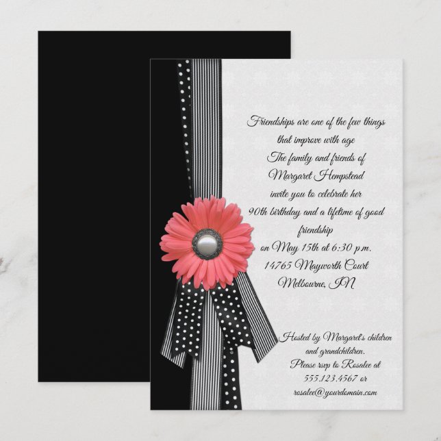 Invitation Rose Daisy Noir et Blanc Pois Anniversaire (Devant / Derrière)