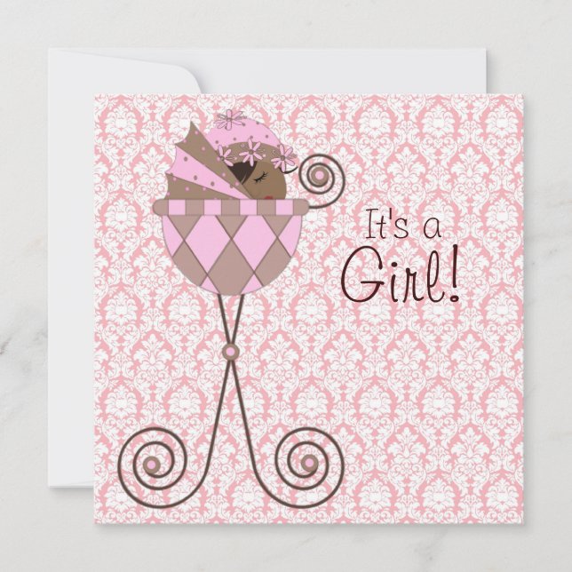 Invitation Rose Damask rose Brown bébé fille douche (Devant)