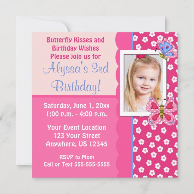 Invitation rose d'anniversaire de filles de (Devant)