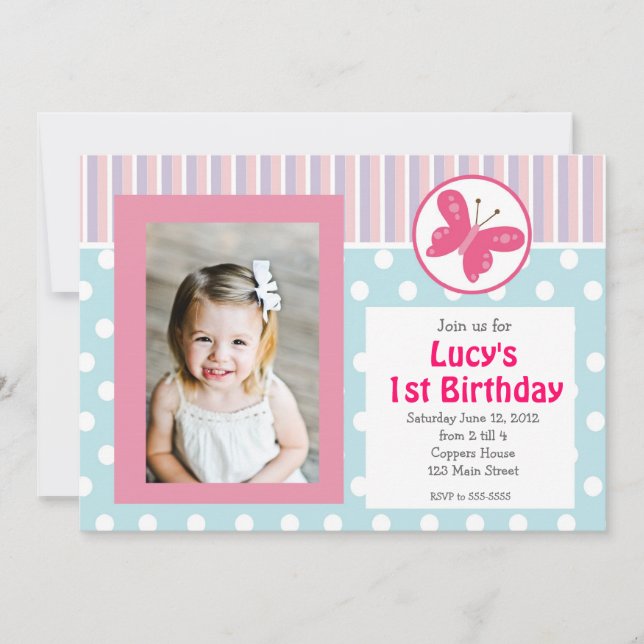 Invitation rose d'anniversaire de papillon de (Devant)
