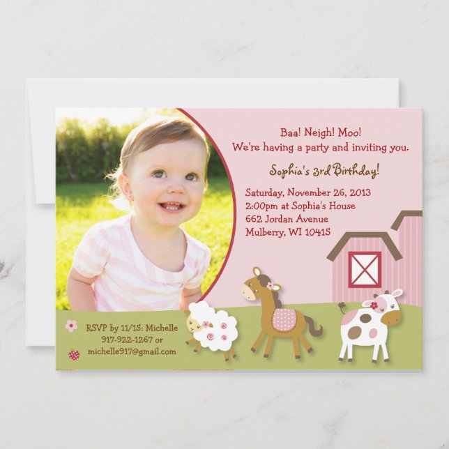 Invitation rose d'anniversaire de photo de fille (Devant)