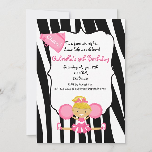 Invitation rose d'anniversaire de pom-pom girl (Devant)
