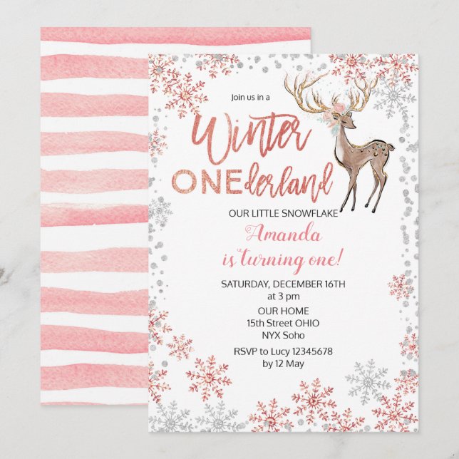 Invitation rose d'anniversaire d'hiver de parties (Devant / Derrière)