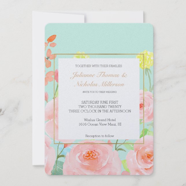 Invitation Rose d'aquarelle rose et menthe (Devant)