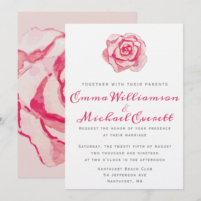 Invitation Rose d'aquarelle rose | MARIAGE (Devant / Derrière)