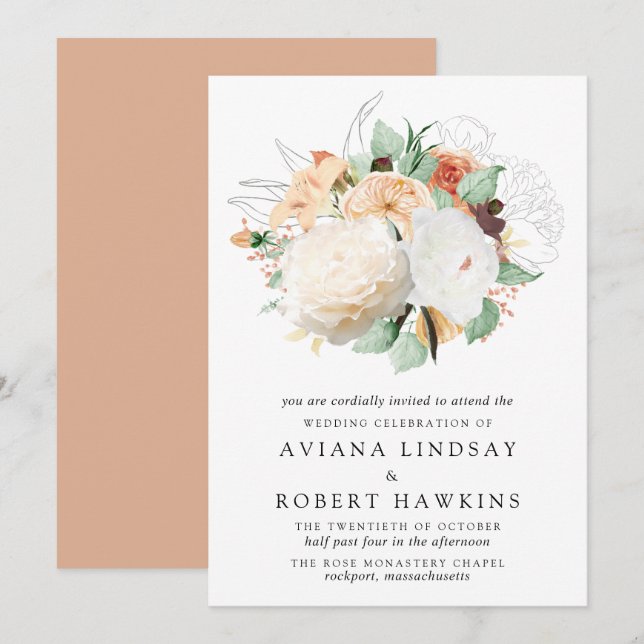 Invitation Rose d'automne moderne et Mariage de Peony Bouquet (Devant / Derrière)