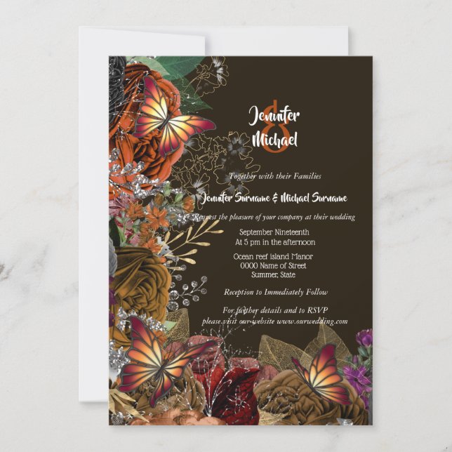Invitation Rose d'automne papillon d'automne feuillage argent (Devant)