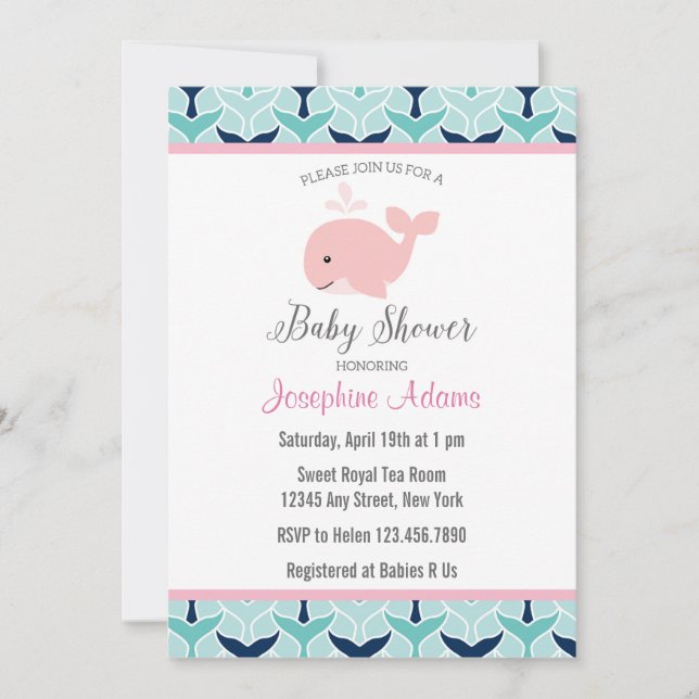 Invitation rose de baby shower de baleine (Devant)