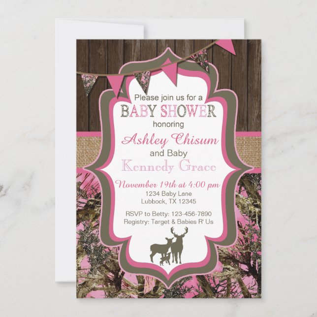 Invitation rose de baby shower de Camo (Devant)