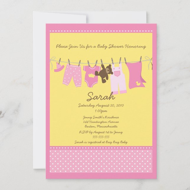 Invitation rose de baby shower de corde à  linge (Devant)