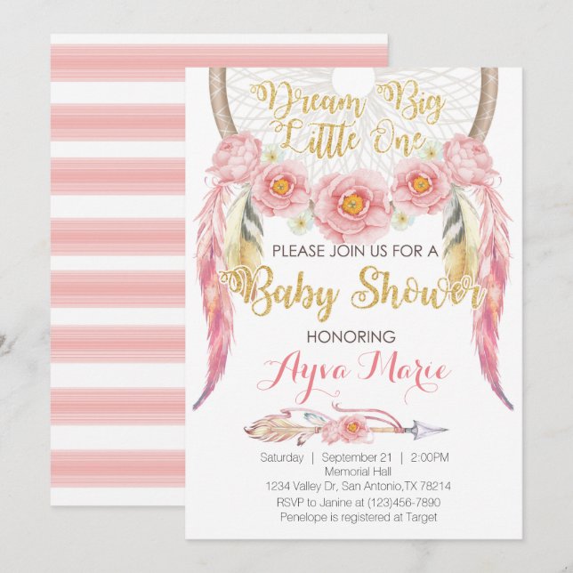 Invitation rose de baby shower de Dreamcatcher (Devant / Derrière)