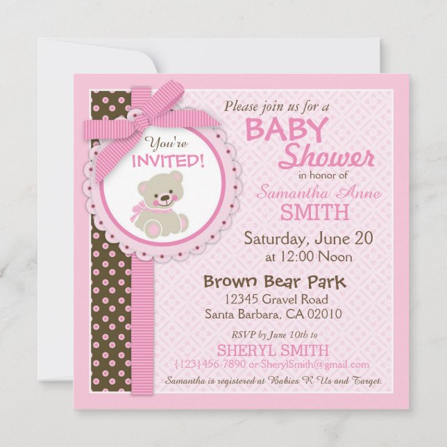 Invitation Rose de baby shower de fille d'ours de nounours (Dos)