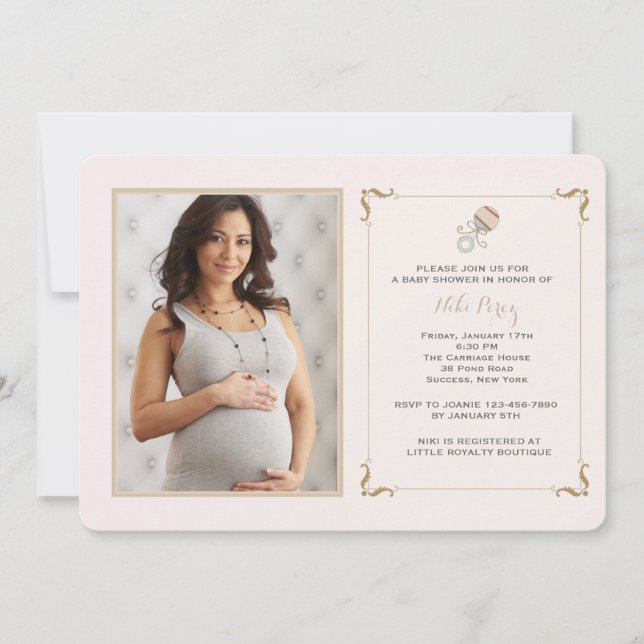 Invitation rose de baby shower de photo de hochet (Devant)