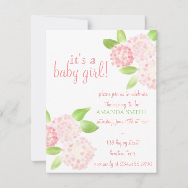 Invitation rose de baby shower d'hortensia (Devant)