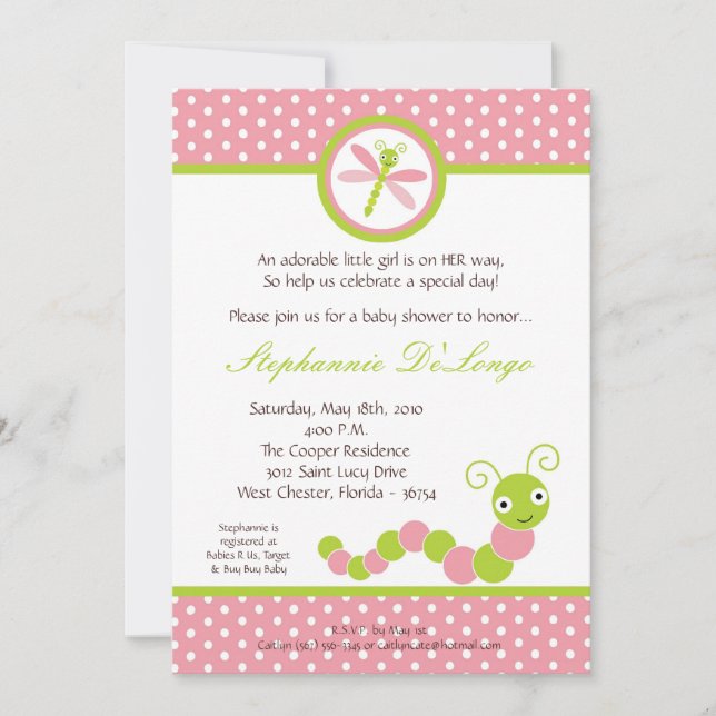 invitation rose de baby shower d'insecte de 5x7 (Devant)