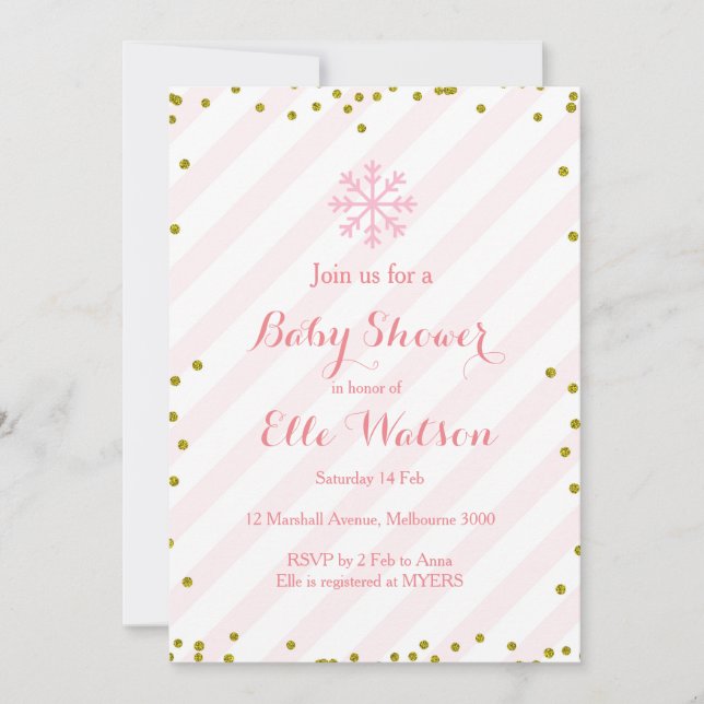 Invitation rose de baby shower d'or d'hiver (Devant)