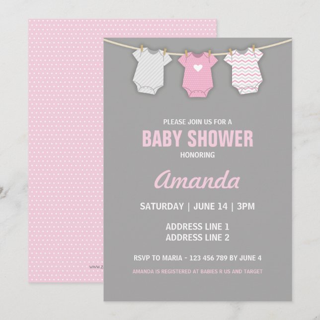 Invitation rose de baby shower, thème de corde à  (Devant / Derrière)