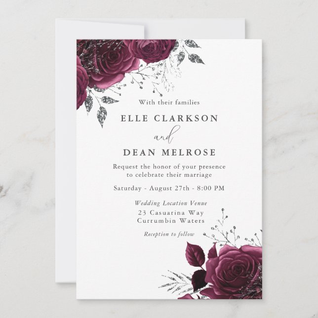 Invitation Rose de Bourgogne Élégant Mariage d'argent (Devant)