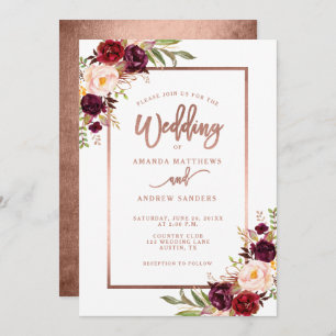 Invitation Rose de Bourgogne Floral Gold Script Mariage