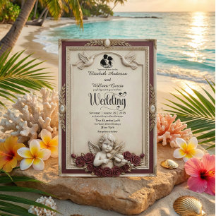 Invitation Rose de Bourgogne profonde et chérubins Mariage de