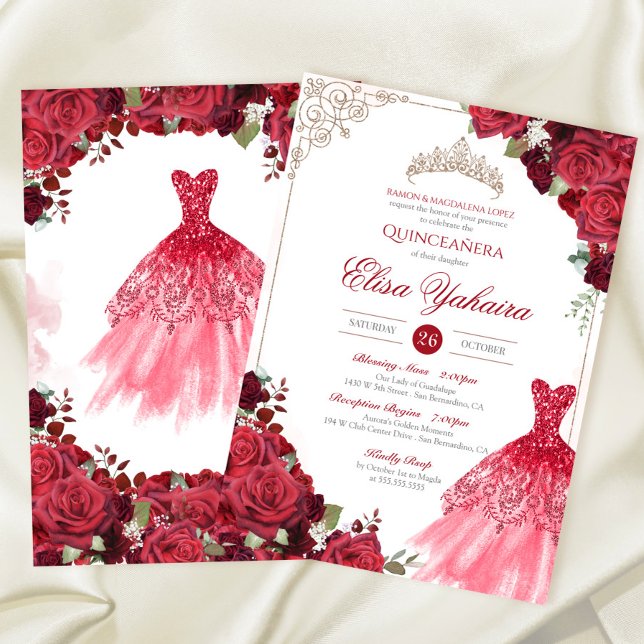Invitation Rose de Bourgogne rouge Élégante étincelle Quincea (Créateur téléchargé)
