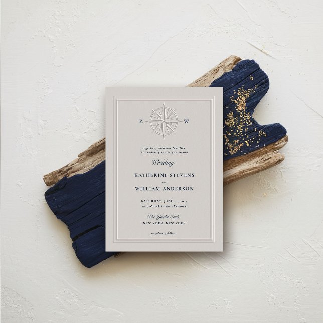 Invitation Rose de boussole Bateau nautique Formel Elégant Ma (nautical wedding invitation compass rose formal traditional modern classic beach ocean coastal)