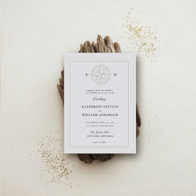 Invitation Rose de boussole Mariage de cadre officiel côtier  (nautical wedding invitation compass rose modern classicformal traditional beach ocean coastal ivory)