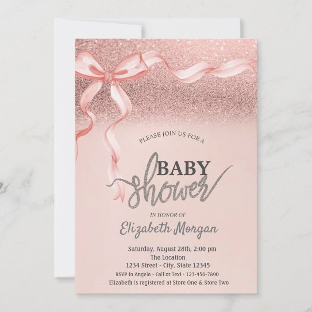 Invitation Rose de Bow rose Parties scintillant or Baby showe (Devant)