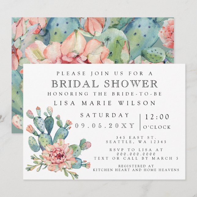 Invitation Rose de cactus à la douche nuptiale (Devant / Derrière)