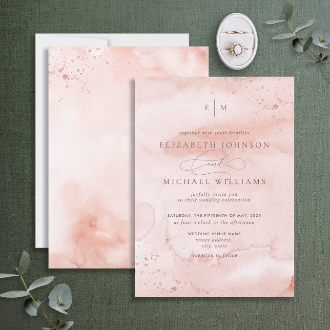 Invitation Rose de cannelle Dusty Rose or aquarelle Monogramm (Créateur téléchargé)