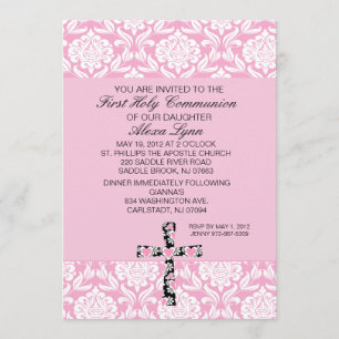 Invitation rose de communion de filles de damassé
