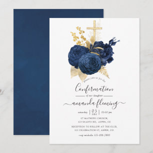 Invitation Rose de confirmation vintage bleu marine et or