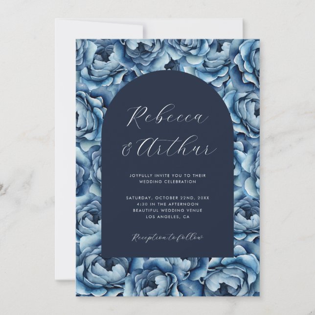 Invitation Rose de couleur bleu marine Floral Photo Mariage (Devant)