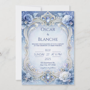 Invitation Rose de cristal bleu givré cadre mariage